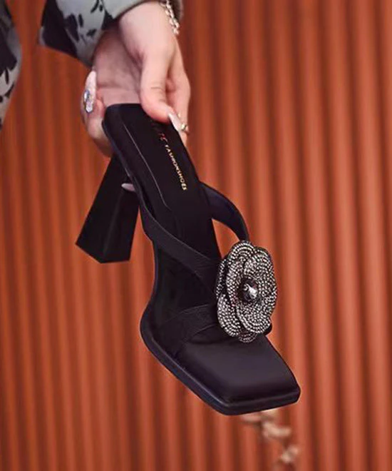 Stylish Black Chunky Heel Slide Sandals Peep Toe - Image 4