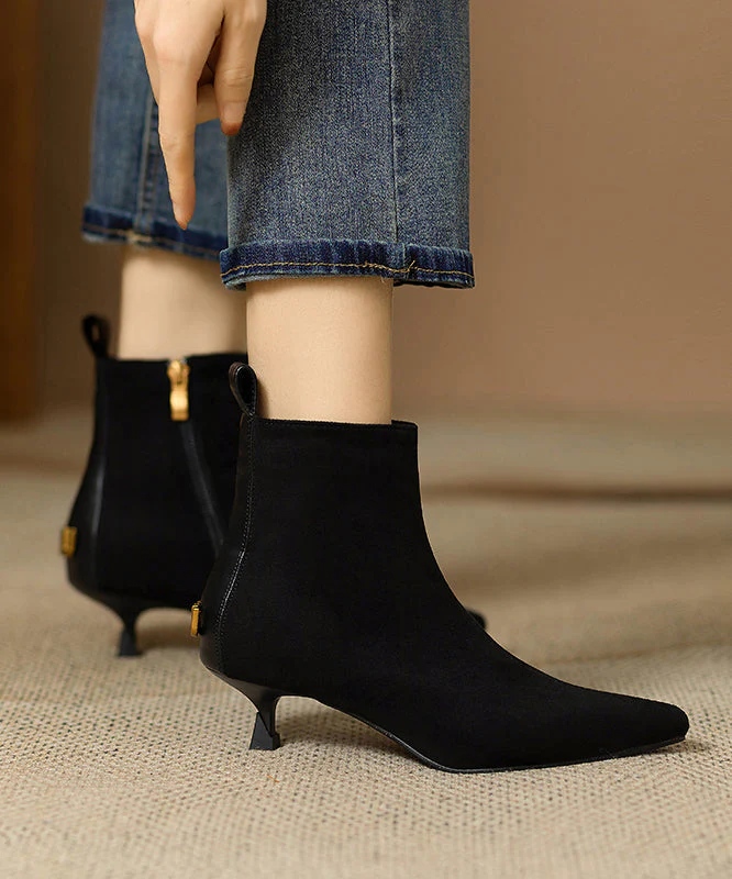 Stylish Black Splicing Suede Kitten Ankle Boots - Image 4
