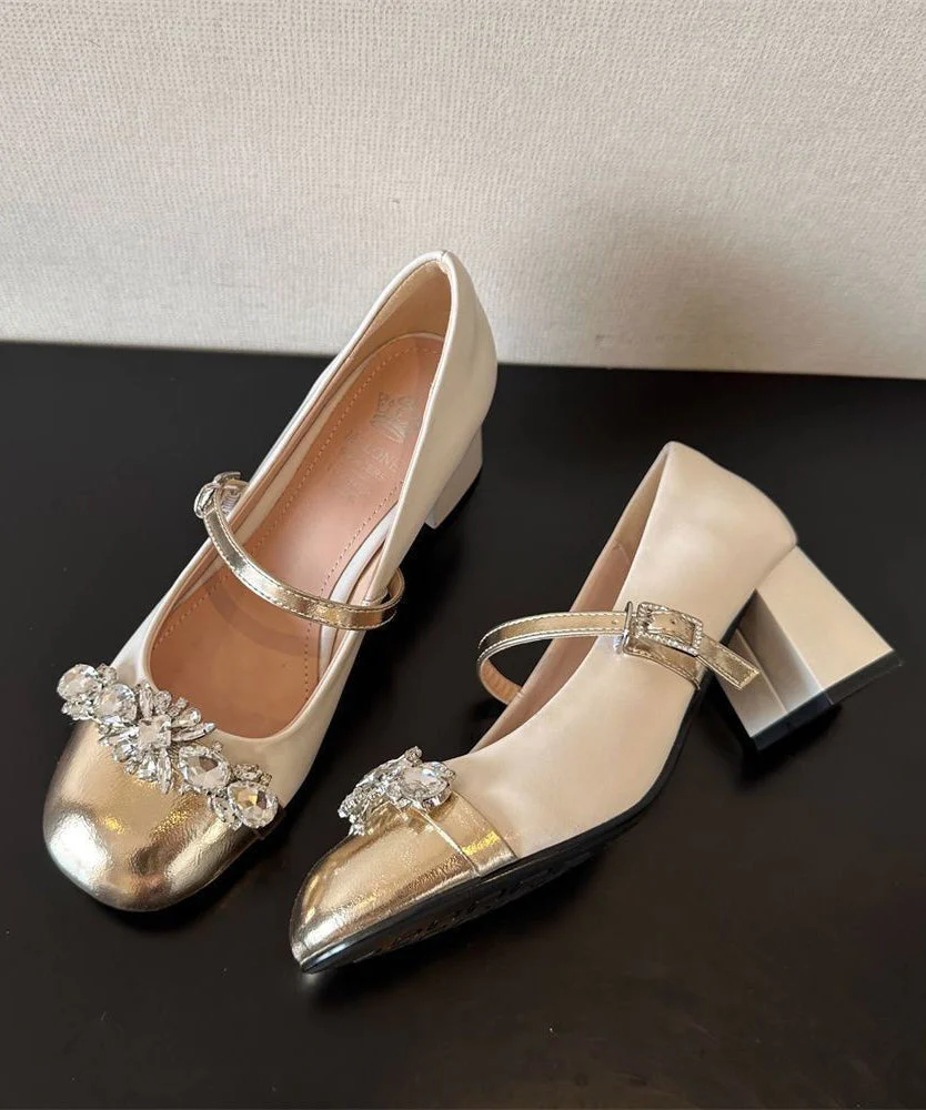 Stylish Chunky Heel Zircon Black Buckle Strap Faux Leather - Image 5