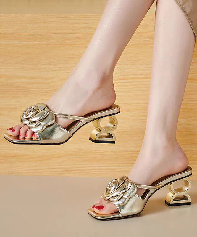 Stylish Gold Chunky Heel Floral Slide Sandals Peep Toe - Image 3