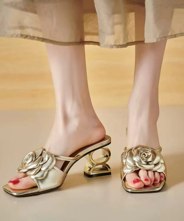 Stylish Gold Chunky Heel Floral Slide Sandals Peep Toe - Image 4