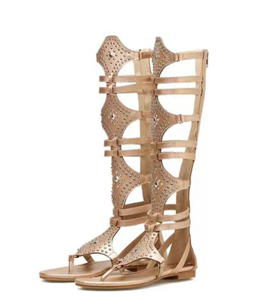Stylish Gold Hollow Out High Barrel Flat Bottomed Rivet Roman Sandals - Image 5