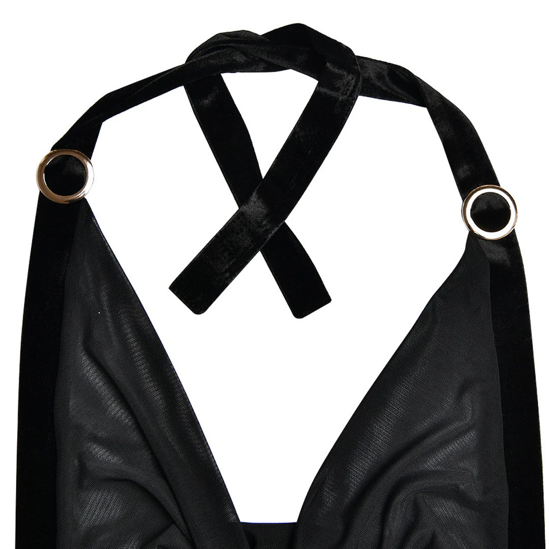 High Split O Ring Halter Cowl Neck Backless Midi Dress - Black - Image 4