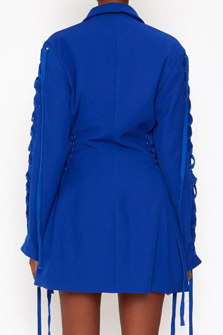 Stylish Long Sleeve Lace Up Lapel Fit & Flare Blazer Mini Dress - Blue - Image 4