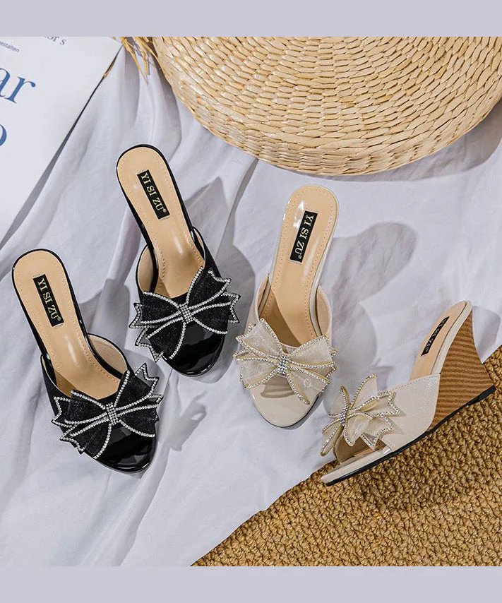 Stylish Peep Heels Sandals Toe Wedge Bow Splicing Black Slide - Image 5