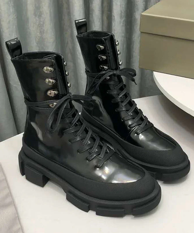 Stylish Rose Cross Strap Rivet Splicing Chunky Boots - Image 3