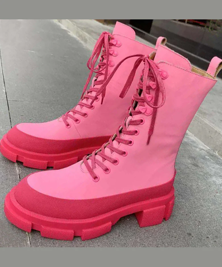 Stylish Rose Cross Strap Rivet Splicing Chunky Boots - Image 4