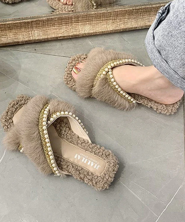 Stylish Splicing Fuzzy Fur Slippers Shoes Brown Nail Bead - Image 4