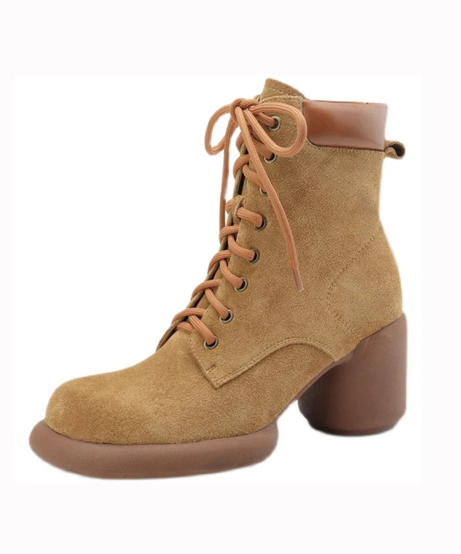 Suede Chunky Heel Boots Apricot Stylish Splicing Lace Up - Image 5