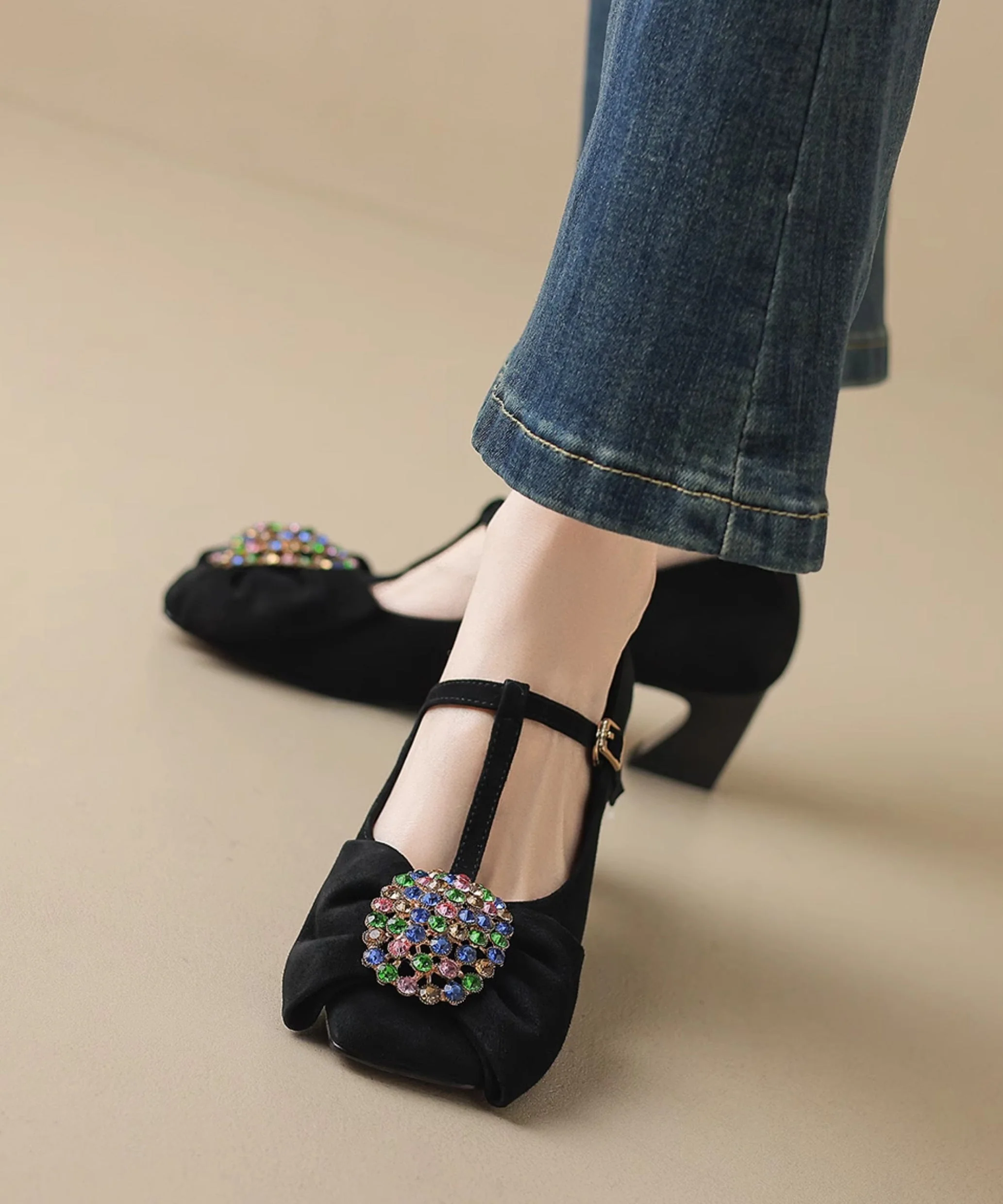 Suede Strap Zircon Buckle High Chunky Black Bow Heels Splicing - Image 5