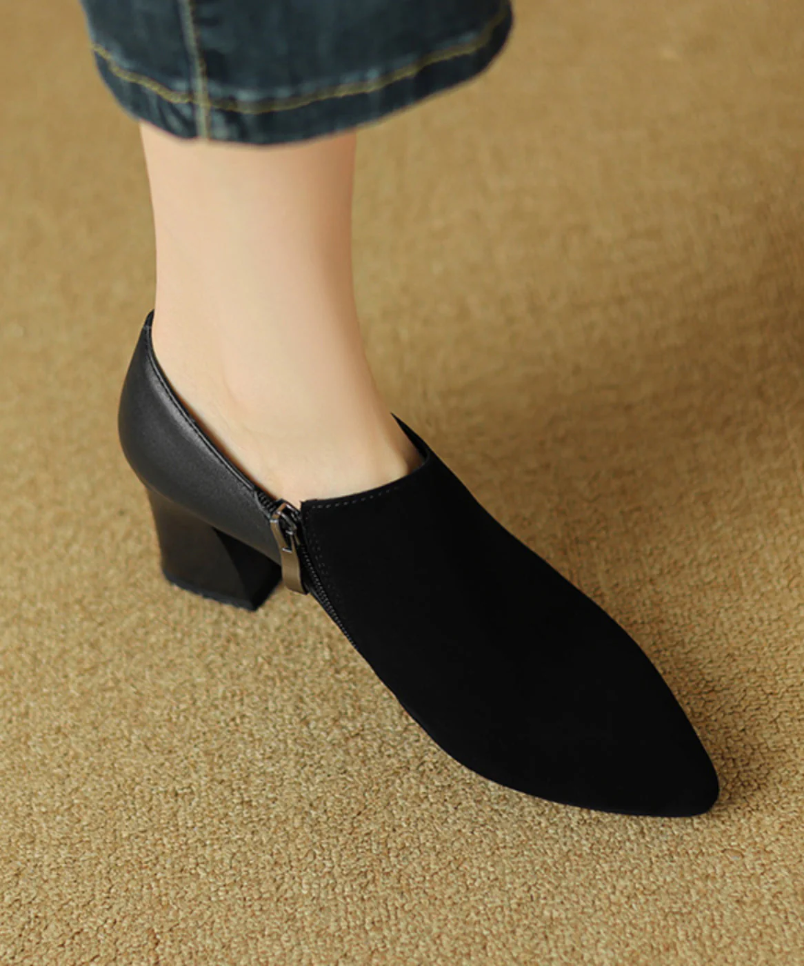 Suede Zippered Splicing Boutique Brown Chunky Heels Pointed Toe - Image 2