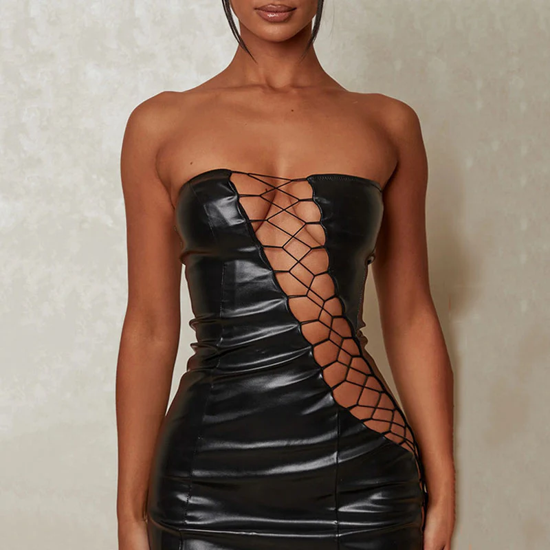 Strapless Lace Up Cut Out Bodycon Club Mini Dress - Black - Image 2