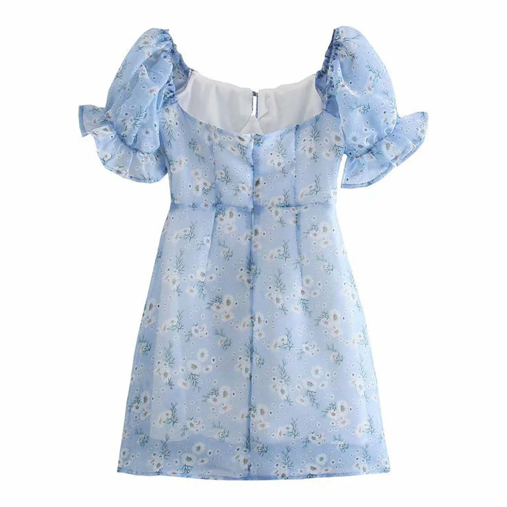 Summery Tied Bustier Puff Sleeve Bodycon Mini Dress - Blue - Image 4