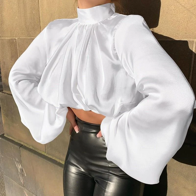 Sundown Hour Turtleneck Puff Sleeve Satin Blouse - Image 4