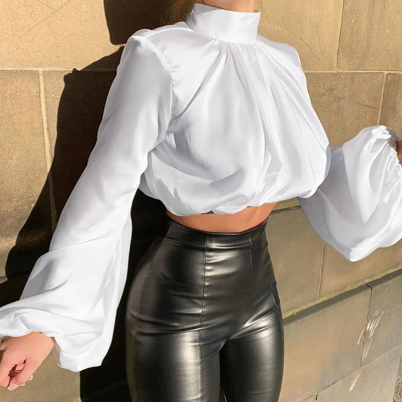 Sundown Hour Turtleneck Puff Sleeve Satin Blouse - Image 5