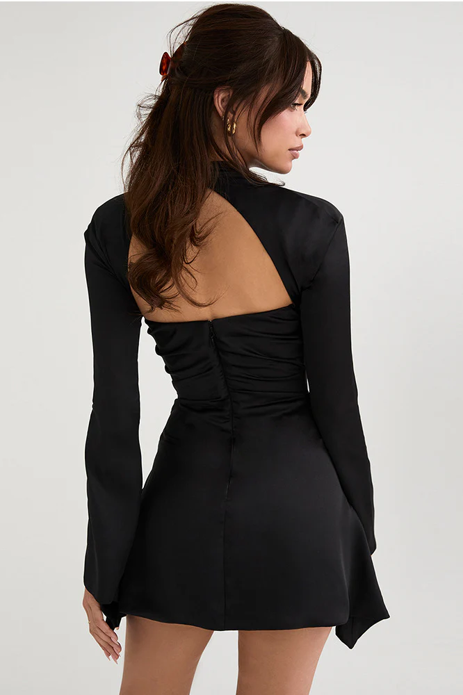 Swan Backless Halter Draped Satin Mini Dress - Black - Image 3