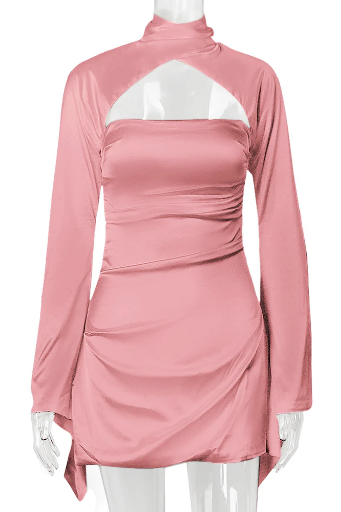 Swan Backless Halter Draped Satin Mini Dress - Pink - Image 8