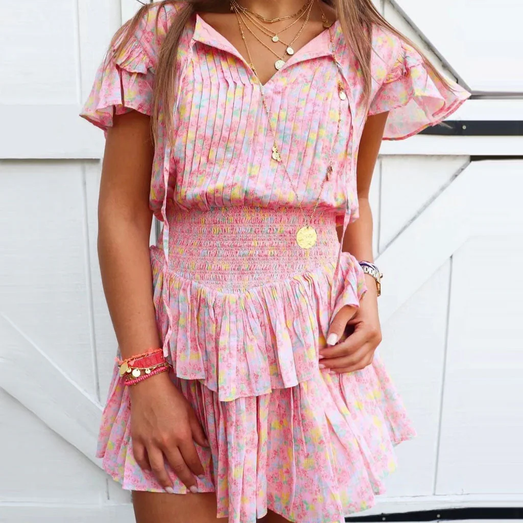 Tiered Ruffle Floral Printed Mini Dress - Pink - Image 2