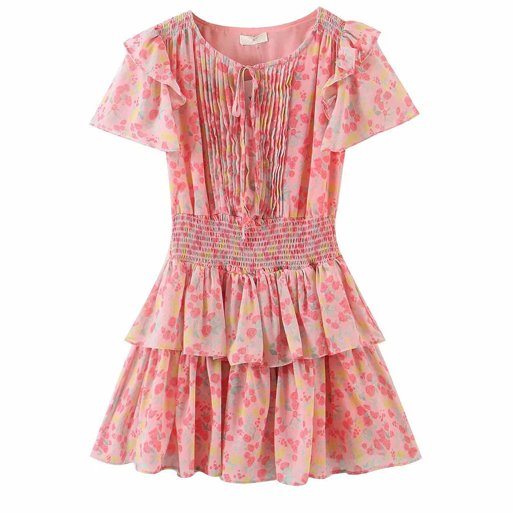 Tiered Ruffle Floral Printed Mini Dress - Pink - Image 3