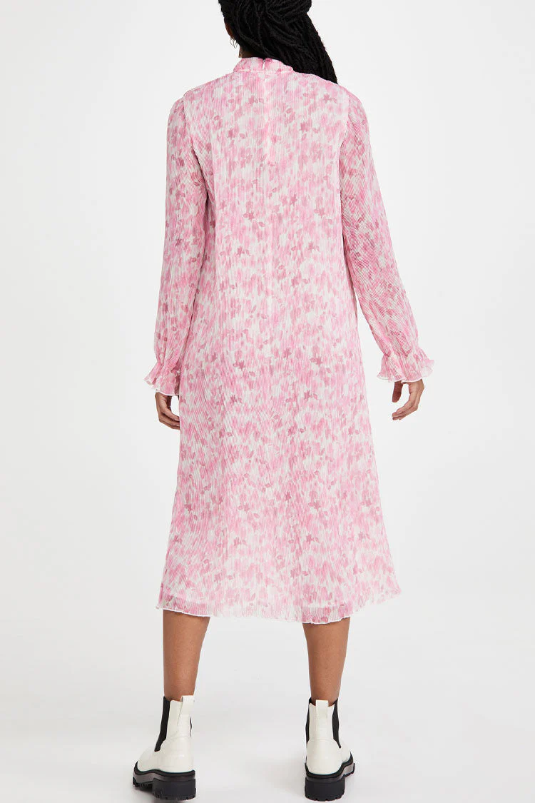 Sweet Tie Dye High Neck Long Sleeve Pleated Midi Dress - Pink - Image 3