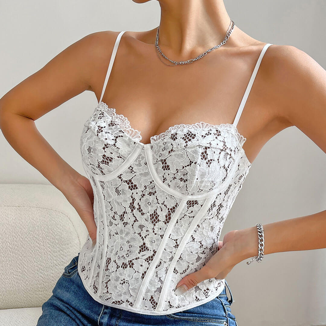 Sleeveless Sheer Lace Corset Top - White - Image 2