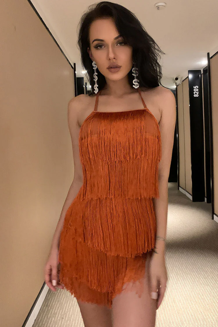 Swing Fringe Halter Neck Backless Flapper Mini Romper Dress -Brown - Image 2