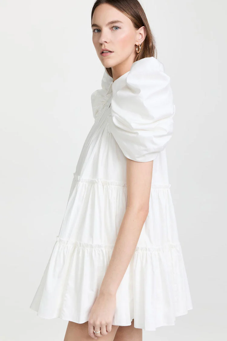 Swingy Puff Sleeve Ruched Ruffle Babydoll Shirt Mini Dress - White - Image 3