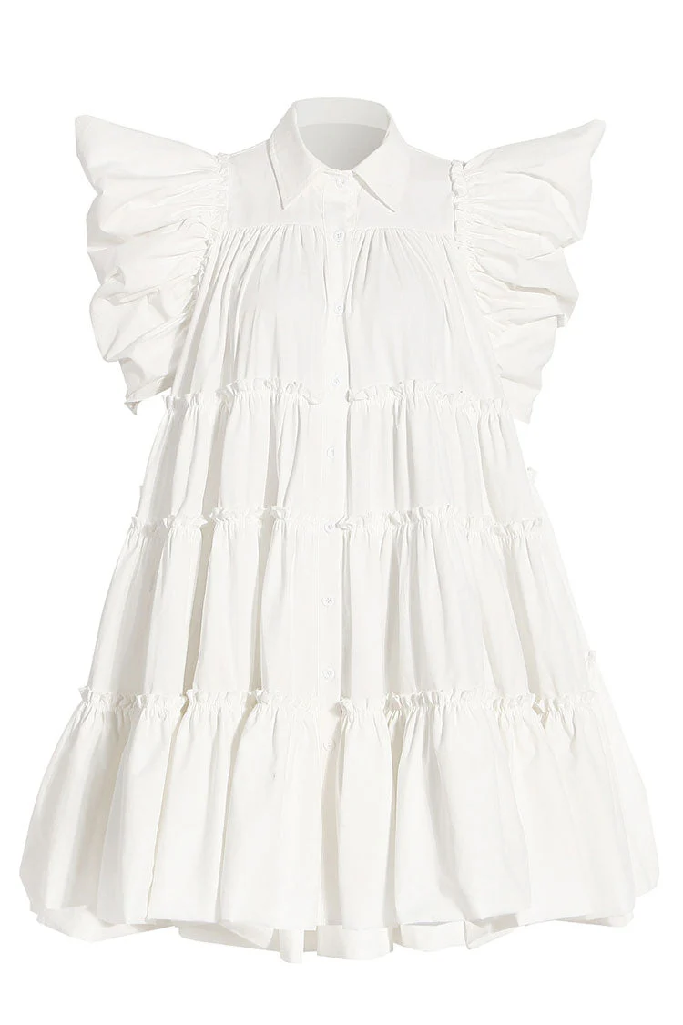 Swingy Puff Sleeve Ruched Ruffle Babydoll Shirt Mini Dress - White - Image 4