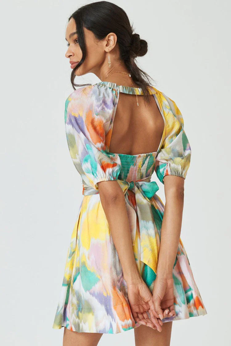 Swingy Rainbow Tie Dye Puff Sleeve Smocked Mini Sundress - Multicolor - Image 3