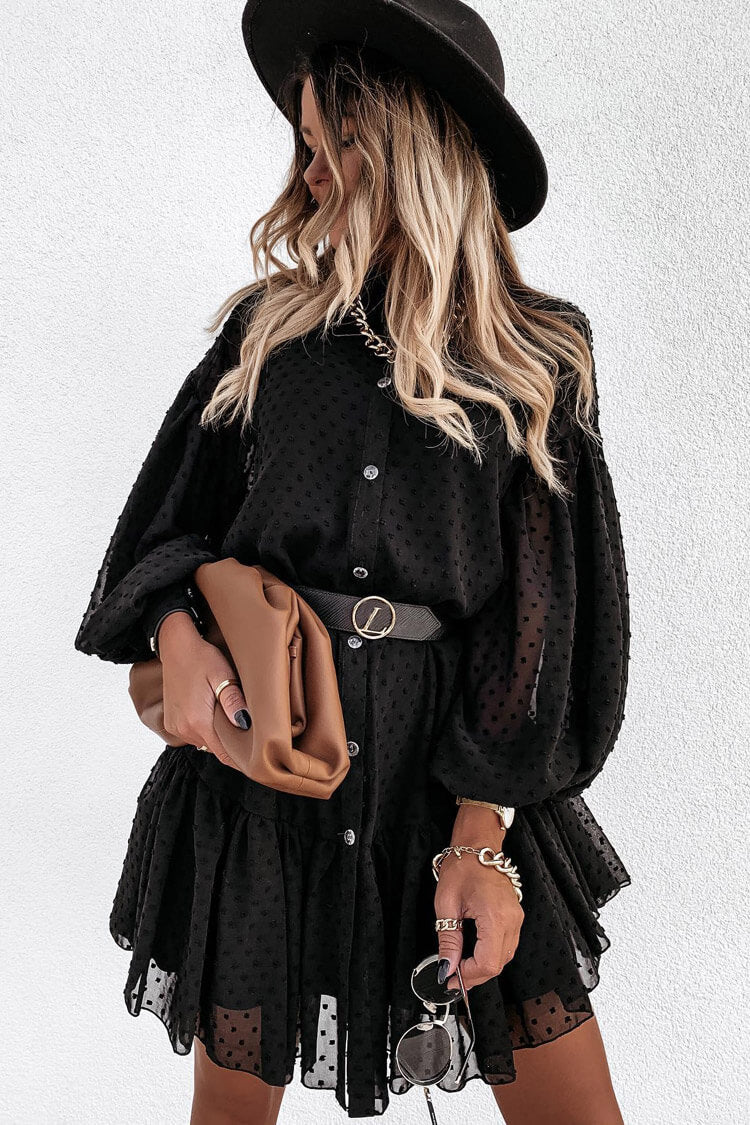 Swiss Dot High Neck Button Down Bishop Sleeve Mini Babydoll Dress - Black - Image 3