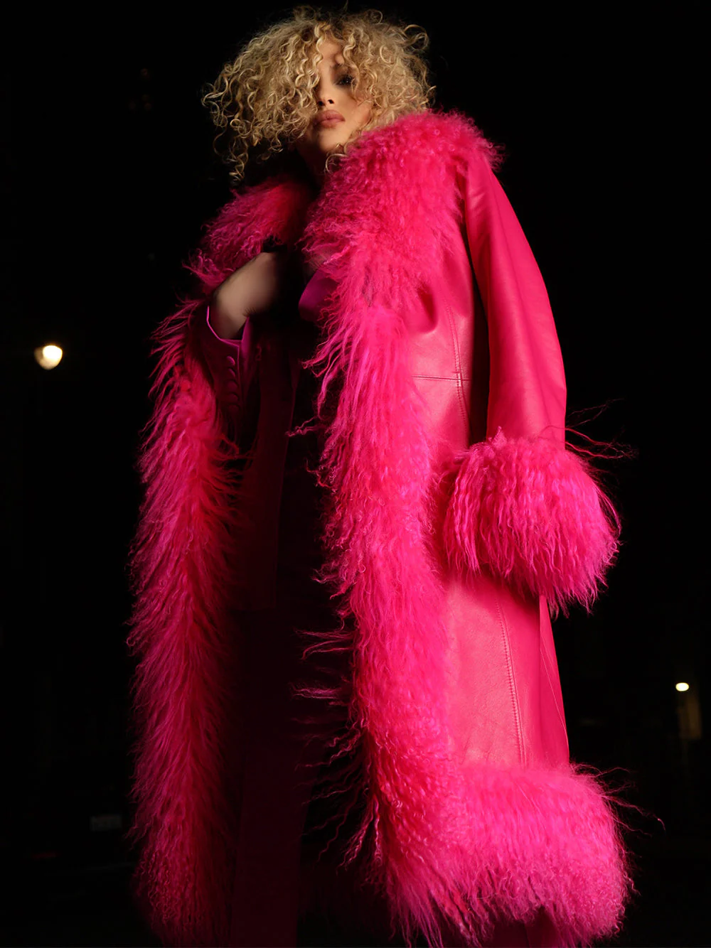 TAJE Shearling Trim Leather Coat in Fuchsia - Image 8