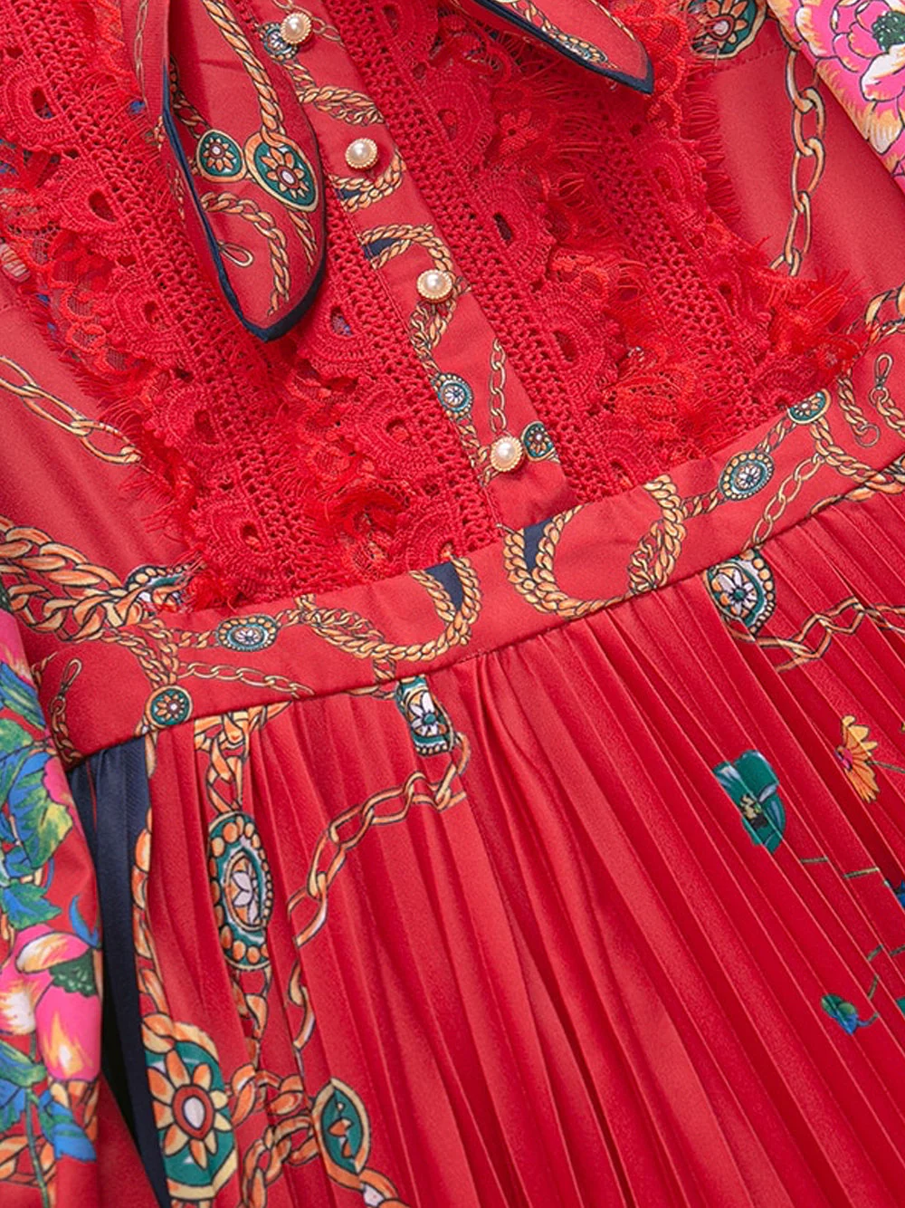 TERESE Bow Floral Pleated Midi Dress in Red - Image 6
