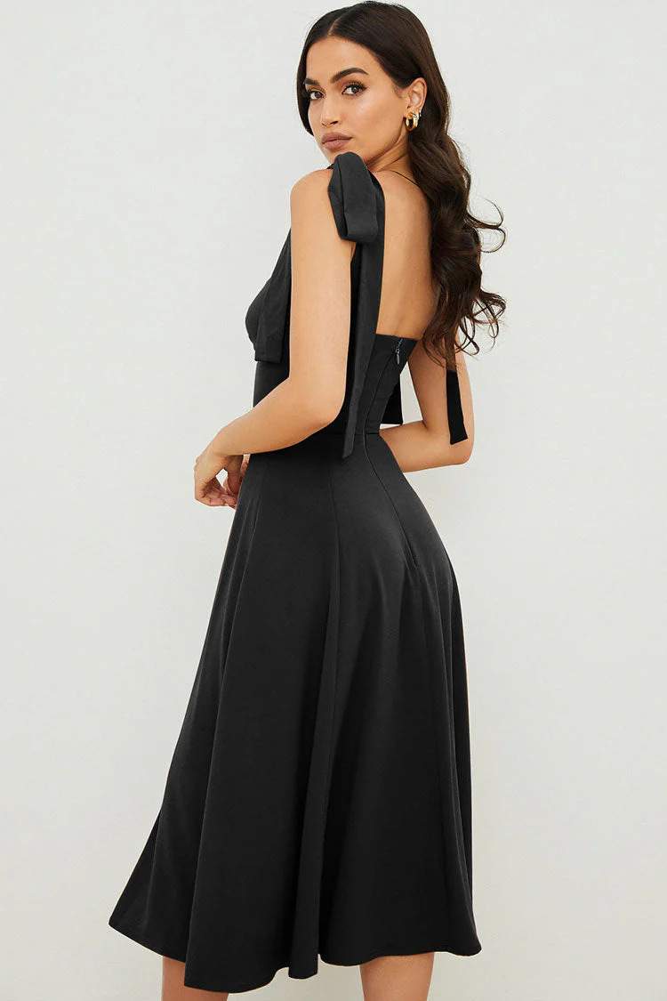 Tie Strap Fit & Flare High Slit Slip Midi Dress - Black - Image 2