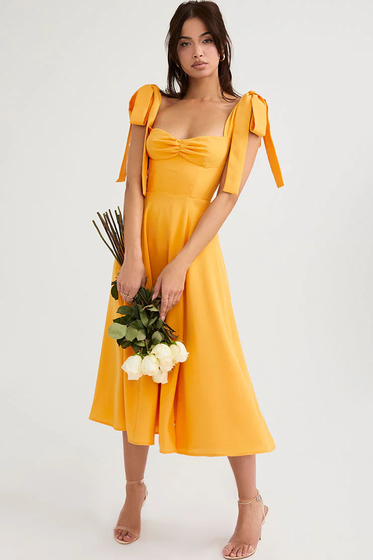 Tie Strap Fit & Flare High Slit Slip Midi Dress - Yellow - Image 4