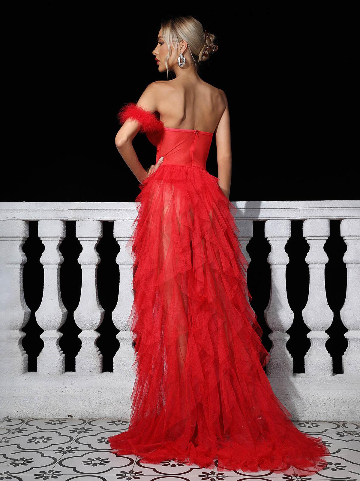 Titania One Shoulder Tulle Maxi Dress In Red - Image 6