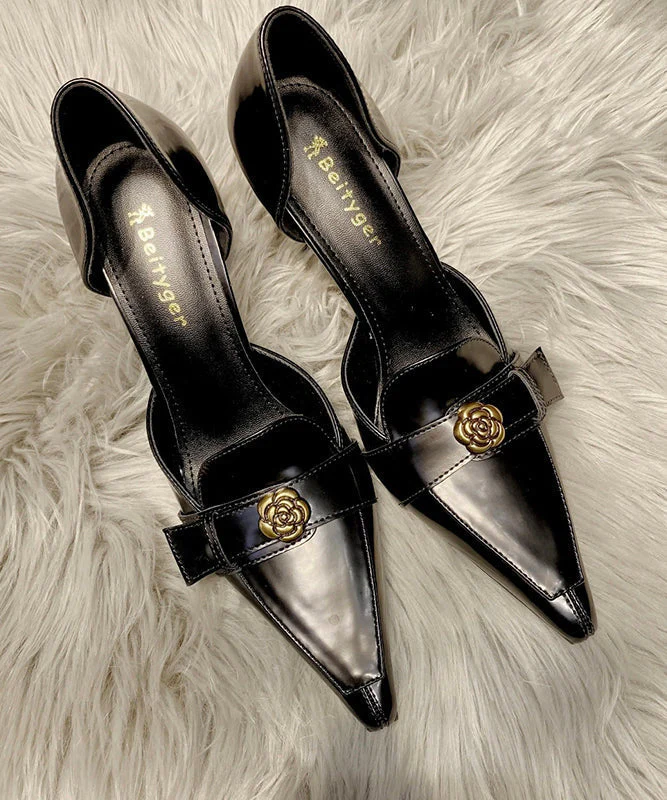 Toe Heels Fine Pointed High Stiletto Black Splicing Sheepskin - Image 3