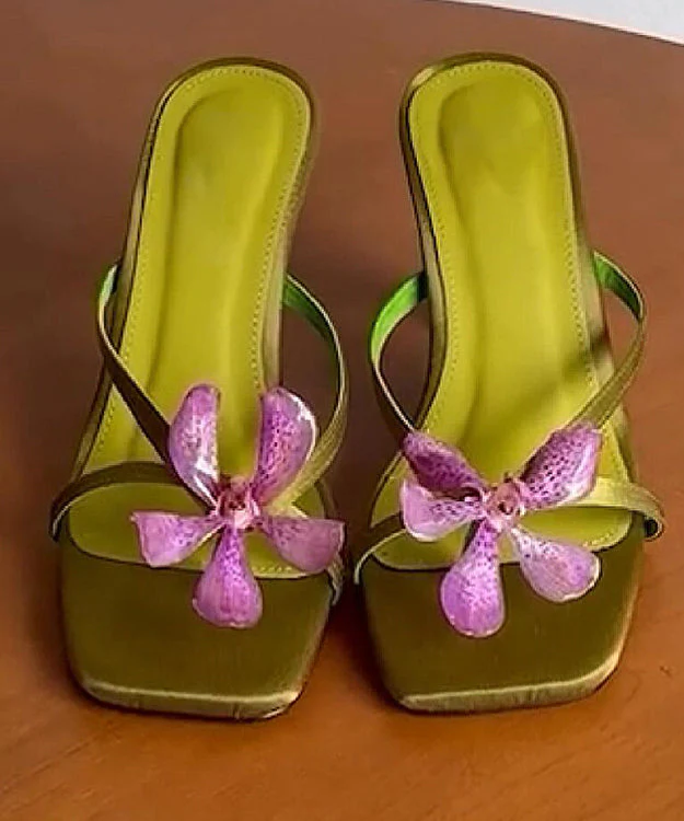 Toe Slide Floral Heels High Peep Green Sandals Splicing - Image 2