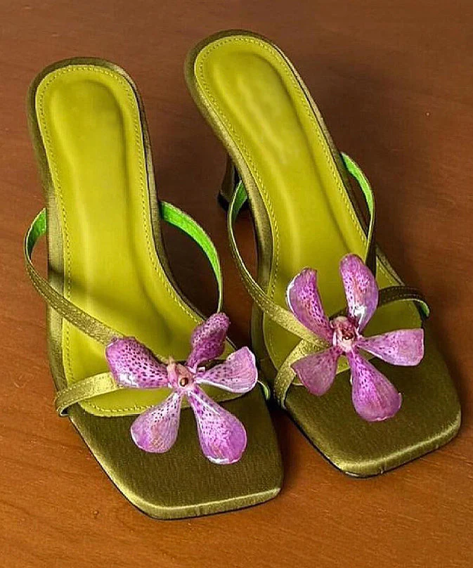 Toe Slide Floral Heels High Peep Green Sandals Splicing - Image 3