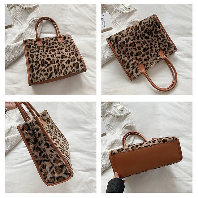 Tote Bag with Leather Faux Leopard Print Brown Fur - Image 3