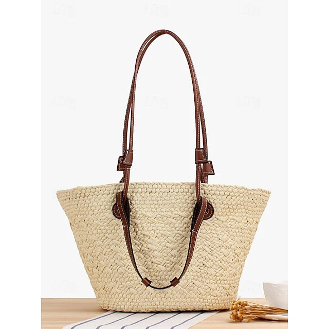 Tote Boho Leather Straps Large Bag Chic Straw with - Image 7