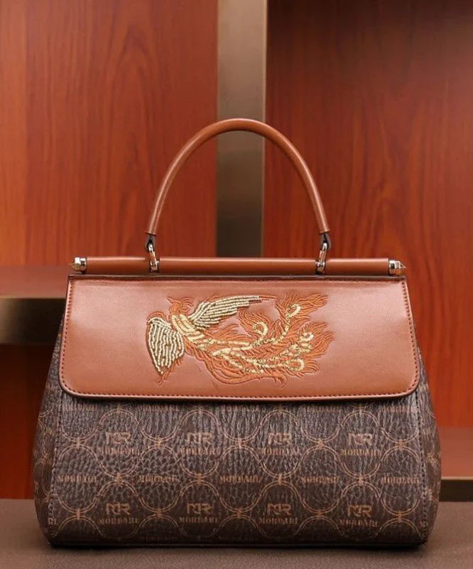 Tote Leather Embroideried Brown Elegant Handbag Calf - Image 2
