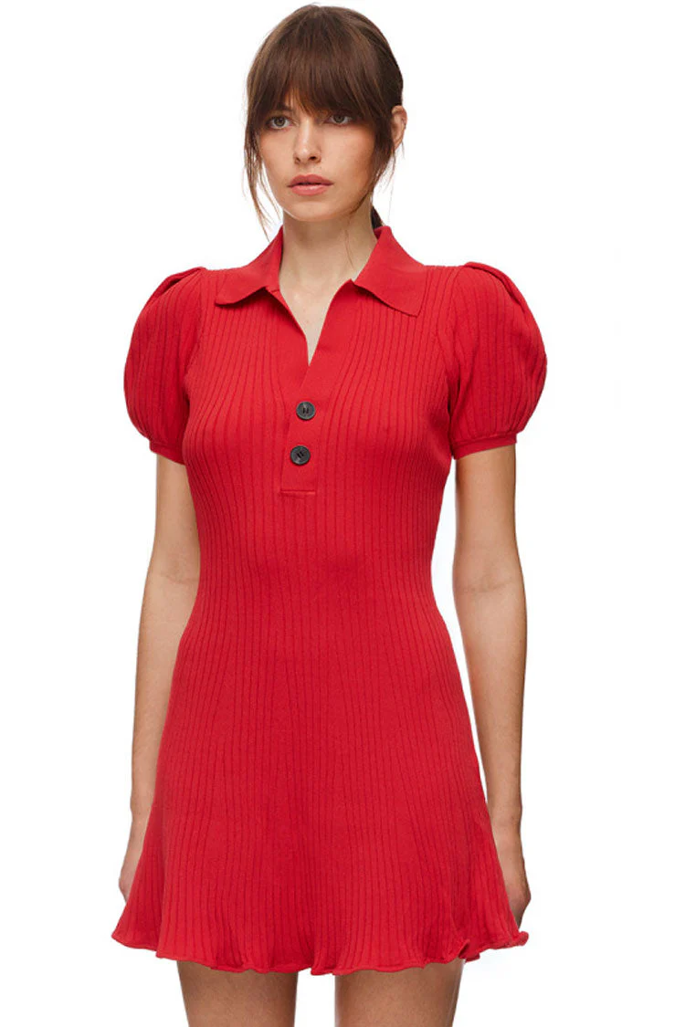 Trendy Puff Sleeve Ribbed Winter Polo Sweater Mini Dress - Red - Image 2