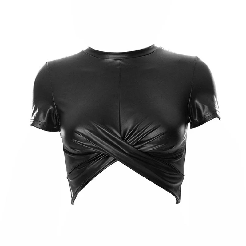 Twist Front Crew Neck Short Sleeve Crop Top - Black - Image 4