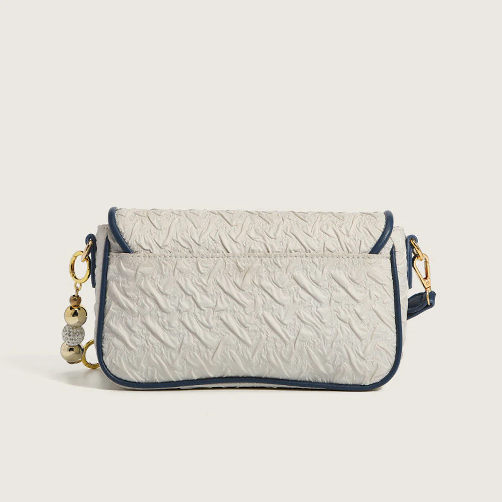Unique Bead Trimmed Flap Front Buckled Ruched Shoulder Bag - White - Image 2