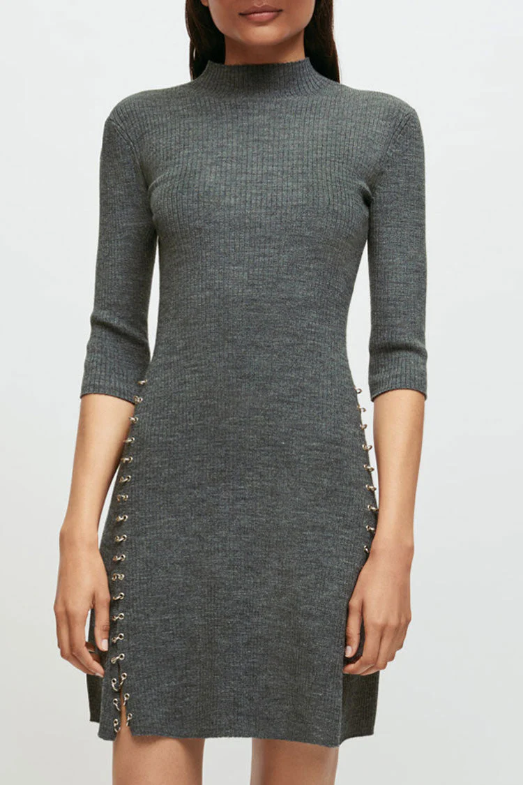 Unique Ring High Neck Winter Cashmere Sweater Mini Dress - Gray - Image 2