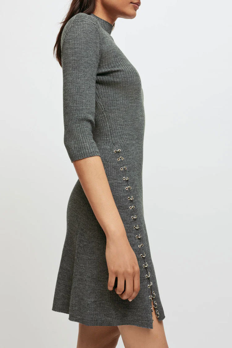 Unique Ring High Neck Winter Cashmere Sweater Mini Dress - Gray - Image 3