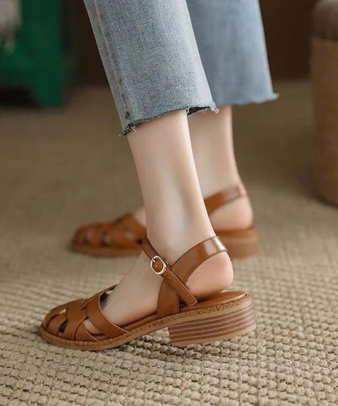 Unique Splicing Chunky Sandals Brown Faux Leather Hollow Out - Image 5