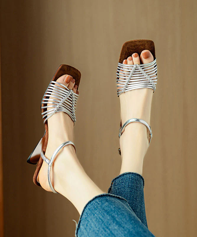 Vacation Style Silver Square Toe Woven Heterotypic High Heels Sandals - Image 5