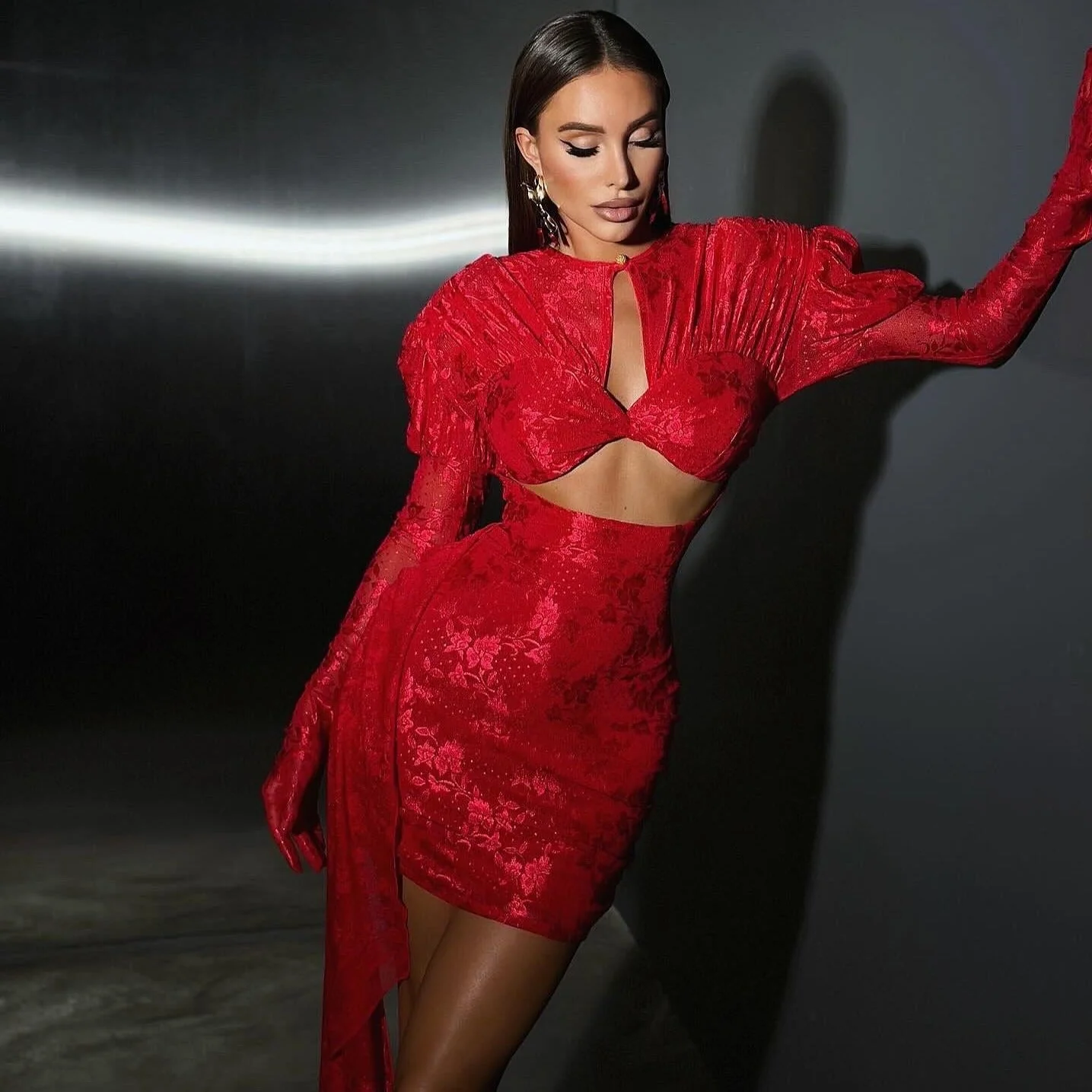 Venomous Elegance Draped Mini Dress With Gloves - Image 5