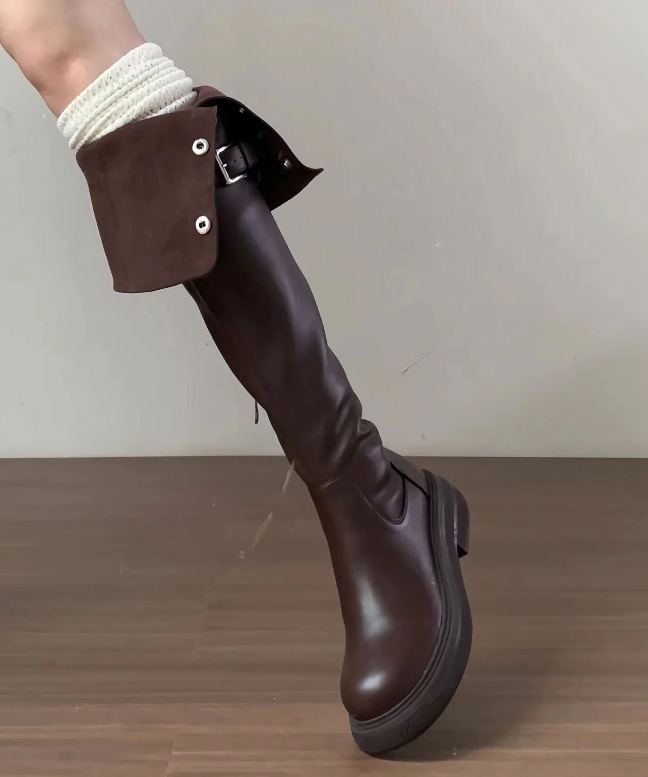 Versatile Brown Faux Leather Splicing Knee Boots - Image 4